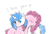 Size: 822x566 | Tagged: safe, artist:ghst-qn, artist:schasti, pinkie pie, oc, earth pony, pony, unicorn, g4, blushing, canon x oc, dialogue, eyes closed, female, heart, heterochromia, male, shipping, smiling, straight