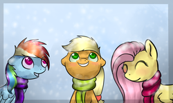 Size: 1229x737 | Tagged: safe, artist:ghst-qn, artist:schasti, applejack, fluttershy, rainbow dash, earth pony, pegasus, pony, g4, clothes, eyes closed, female, grin, looking up, mare, scarf, smiling, snow, snowfall, winter