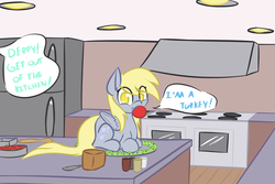 Size: 1280x853 | Tagged: dead source, safe, artist:manicpanda, derpy hooves, pegasus, pony, turkey, g4, apple, apple gag, female, food, gag, kitchen, mare, offscreen character, person as food, solo, thanksgiving