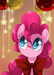 Size: 1311x1819 | Tagged: dead source, safe, artist:loyaldis, part of a set, pinkie pie, g4, bow, bust, cute, diapinkes, female, heart, heart eyes, looking up, portrait, smiling, solo, wingding eyes