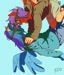 Size: 500x589 | Tagged: safe, artist:efd, rainbow dash, scootaloo, anthro, g4, goggles, holding each other, human facial structure