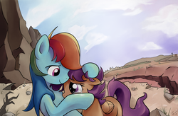 Size: 2162x1420 | Tagged: safe, artist:gsphere, rainbow dash, scootaloo, g4, comforting, crying, hug, scootalove