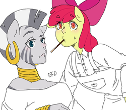 Size: 500x438 | Tagged: safe, artist:efd, apple bloom, zecora, zebra, anthro, g4, human facial structure, humanized, pocky, shipping, simple background, white background, zecobloom