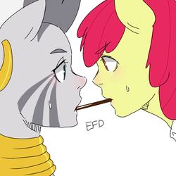 Size: 500x500 | Tagged: safe, artist:efd, apple bloom, zecora, zebra, anthro, g4, human facial structure, humanized, pocky, pocky game, shipping, simple background, white background, zecobloom