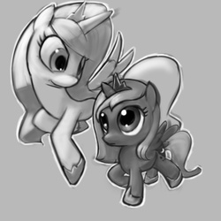 Size: 700x700 | Tagged: safe, artist:saurabhinator, princess celestia, princess luna, pony, g4, filly, grayscale, monochrome, sisters, woona