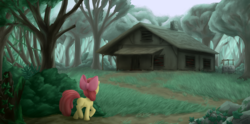 Size: 2180x1080 | Tagged: safe, artist:cyberdrace, apple bloom, earth pony, pony, story of the blanks, g4, female, filly, foal, house, solo