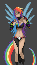 Size: 1024x1760 | Tagged: dead source, safe, artist:ashleykedziora, rainbow dash, human, g4, belly button, female, gray background, humanized, simple background, solo, tailed humanization, winged humanization