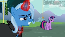 Size: 810x456 | Tagged: safe, screencap, trixie, twilight sparkle, pony, unicorn, g4, magic duel, alicorn amulet, butt, entertainment weekly, female, mare, out of context, plot