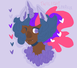 Size: 900x788 | Tagged: safe, artist:oliviaandedd, twilight sparkle, human, g4, bust, choker, chokertwi, dark skin, eared humanization, female, heart, heart eyes, horn, horned humanization, humanized, lavender background, lip piercing, looking at you, piercing, portrait, short hair, short hair twilight sparkle, simple background, smiling, snake bites, solo, wingding eyes, wink