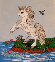 Size: 579x650 | Tagged: safe, artist:lilsugarberry, princess silver swirl, dragonfly, insect, pony, unicorn, g2, animation cel, female, flower, grass, mare, open mouth, rearing, smiling, solo, traditional art, unshorn fetlocks, water, waterlily