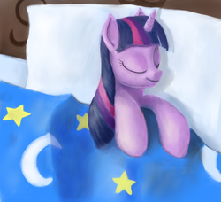 Size: 1100x1002 | Tagged: safe, artist:wollw, twilight sparkle, pony, g4, bed, eyes closed, female, lying on bed, mare, pillow, sleeping, smiling, solo