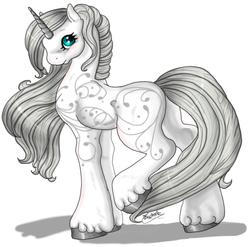 Size: 572x566 | Tagged: safe, artist:silvermoonbreeze, princess silver swirl, pony, unicorn, g2, 2011, colored hooves, colored horn, female, horn, looking at you, mare, raised hoof, simple background, solo, standing, white background