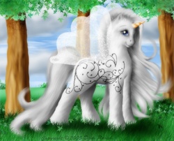 Size: 900x726 | Tagged: safe, artist:flyingpony, magic diamond glow, pony, unicorn, g2, 2005, cloud, female, grass, horn, long mane, long tail, looking at you, mare, sky, smiling, solo, standing, tail, tree