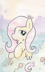 Size: 731x1158 | Tagged: safe, artist:slightlyshade, fluttershy, butterfly, insect, g4, bedroom eyes, female, flower, fluffy, smiling, solo, traditional art