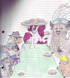 Size: 900x999 | Tagged: safe, artist:scurilevensteinother, chief thunderhooves, cloudy quartz, igneous rock pie, limestone pie, little strongheart, marble pie, pinkie pie, oc, bison, buffalo, g4, baby, food, lined paper, pie, pie family, ship:quartzrock, traditional art