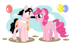 Size: 900x540 | Tagged: safe, artist:ellisarts, pinkie pie, oc, oc:gotcha, earth pony, pony, g4, 2011, balloon, father and child, father and daughter, female, groucho marx, male, mare, marx brothers, stallion