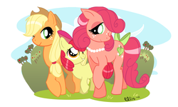 Size: 900x540 | Tagged: safe, artist:ellisarts, apple bloom, applejack, oc, g4, tail bow