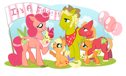 Size: 900x540 | Tagged: safe, artist:ellisarts, apple bloom, applejack, big macintosh, oc, oc:apple cider, oc:jazz apple, oc:pink lady, earth pony, pony, g4, 2011, applejack's parents, baby, balloon, male, stallion, tail bow, younger