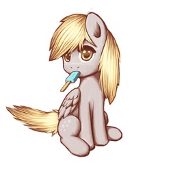 Size: 1063x1051 | Tagged: safe, artist:lurarin, derpy hooves, pegasus, pony, g4, cute, derpabetes, female, food, ice cream, looking at you, mare, mouth hold, nom, popsicle, sea salt ice cream, simple background, sitting, solo, white background