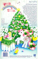 Size: 760x1166 | Tagged: safe, merry treat, bird, duck, earth pony, pony, g1, backcard, candy, candy cane, christmas, christmas tree, food, g1 backstory, hat, holiday, implied santa, ornament, present, raised hooves, santa hat, solo, tree