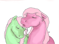 Size: 266x199 | Tagged: safe, artist:14inaheart, minty, pinkie pie (g3), earth pony, pony, g3, 2012, duo, duo female, female, lesbian, ship:mintypie, shipping, sleeping