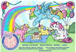 Size: 800x550 | Tagged: safe, artist:reaperfox, baby gametime, baby sugarcake, birthday pony, oc, oc:party popper, uk ponycon, uk ponycon 2008, g1, balloon, birthday, g1 oc