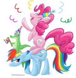 Size: 1600x1655 | Tagged: safe, artist:stratustrot, gummy, pinkie pie, rainbow dash, earth pony, pegasus, pony, g4, female, hat, mare, party hat, simple background, transparent background