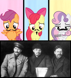 Size: 820x898 | Tagged: safe, edit, screencap, apple bloom, scootaloo, sweetie belle, earth pony, human, pegasus, pony, unicorn, g4, one bad apple, comparison, frown, irl, josef stalin, lenin, leon trotsky, mikhail kalinin, moustache, photo, sad, vladimir lenin