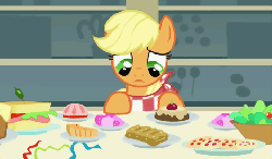 Size: 470x275 | Tagged: safe, screencap, applejack, earth pony, pony, a bird in the hoof, g4, season 1, animated, apple fritter (food), eating, female, food, gif, hatless, hors d'oeuvre, indecision, loop, missing accessory, salad, sandvich, sandwich, silly, silly pony, solo, who's a silly pony