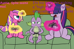 Size: 1000x667 | Tagged: safe, artist:ask1337twilight, princess skyla, spike, twilight sparkle, alicorn, dragon, pony, unicorn, g4, couch, dialogue, glowing horn, hair over eyes, hidden eyes, horn, magic, telekinesis, unicorn twilight, video game, wingless