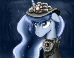 Size: 700x547 | Tagged: safe, artist:dobromyslov, princess luna, pony, g4, female, hat, rain, solo