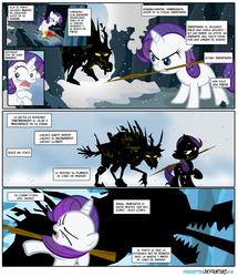 Size: 1024x1189 | Tagged: safe, artist:pixelkitties, artist:xristian96, rarity, pony, timber wolf, unicorn, g4, 300, angry, comic, crying, eyes closed, female, filly, filly rarity, hungry, leonidas, onomatopoeia, sad, shocked, solo, spanish, stomach growl, stomach noise, translation, wavy mouth, younger
