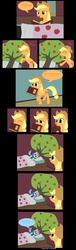 Size: 900x2975 | Tagged: safe, artist:kasun05, applejack, bloomberg, rainbow dash, g4, book, comic, costume, fluttertree, spanish, translation, tree, tree costume