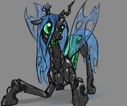 Size: 900x750 | Tagged: source needed, safe, artist:ara, queen chrysalis, changeling, changeling queen, g4, female, gray background, quadrupedal, scary, simple background, solo