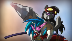 Size: 1920x1080 | Tagged: safe, artist:zedrin, dj pon-3, octavia melody, vinyl scratch, g4, parody, tengen toppa gurren lagann