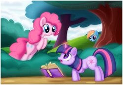 Size: 1237x860 | Tagged: safe, artist:ctb-36, pinkie pie, rainbow dash, twilight sparkle, g4, book, magic