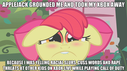 Size: 625x349 | Tagged: safe, edit, edited screencap, screencap, apple bloom, earth pony, pony, call of the cutie, g4, blushing, call of duty, fps applebloom, grounded, image macro, punishment, sad, xbox