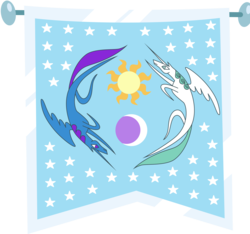 Size: 3206x3000 | Tagged: safe, artist:vectorshy, princess celestia, princess luna, alicorn, pony, g4, flag, flag of equestria, royal sisters, simple background, transparent background, vector