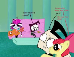 Size: 2182x1670 | Tagged: safe, artist:abigail m., apple bloom, g4, comic sans, crossover, dib membrane, gaz membrane, invader zim, maggie pesky, the buzz on maggie