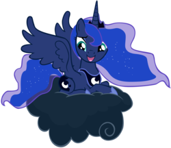 Size: 5000x4320 | Tagged: safe, artist:somepony, princess luna, alicorn, pony, luna eclipsed, absurd resolution, cloud, cute, cutie mark, ethereal mane, female, hooves, horn, jewelry, lunabetes, lying on a cloud, mare, on a cloud, open mouth, regalia, simple background, solo, spread wings, starry mane, tiara, transparent background, vector, wings