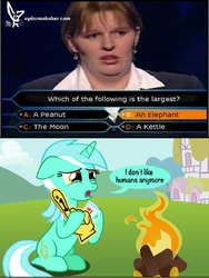Size: 541x720 | Tagged: safe, lyra heartstrings, elephant, human, pony, unicorn, g4, female, foam finger, i don't like humans anymore, irl, irl human, kettle, mare, meme, moon, peanuts, photo, stupidity, who wants to be a millionaire