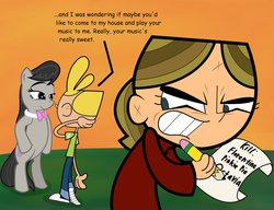 Size: 2169x1663 | Tagged: safe, artist:abigail m., octavia melody, g4, bipedal, comic sans, crossover, heloise, jimmy two-shoes, jimmy two-shoes (character)