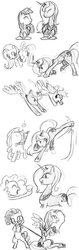 Size: 1200x3800 | Tagged: safe, artist:thelivingmachine02, applejack, fluttershy, pinkie pie, princess luna, rainbow dash, rarity, twilight sparkle, g4, applebucking, book, clothes, corset, friendshipping, mane six, monochrome, reading, s1 luna, sketch