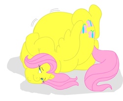 Size: 800x655 | Tagged: safe, artist:bunearyk, fluttershy, pegasus, pony, g4, bedroom eyes, butt, chubby cheeks, double chin, fat, fattershy, female, flutterbutt, jiggle, mare, morbidly obese, obese, plot, roll, rolling, simple background, solo, sprawl, white background