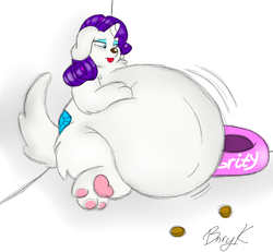 Size: 2600x2400 | Tagged: safe, artist:bunearyk, rarity, dog, g4, belly, fat, food, impossibly large belly, morbidly obese, obese, paw pads, raridog, raritubby, solo, species swap, weight gain