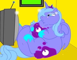 Size: 800x626 | Tagged: safe, artist:bunearyk, princess luna, g4, belly, belly button, fat, lazy, morbidly obese, obese, princess moonpig, s1 luna, television