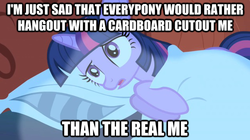 Size: 625x351 | Tagged: safe, edit, edited screencap, screencap, twilight sparkle, pony, unicorn, friendship is magic, g4, bed, cardboard twilight, female, frown, horn, image macro, impact font, looking at something, lying down, mare, on side, open mouth, pillow, purple coat, purple eyes, purple fur, purple hair, purple mane, sad, solo, tricolor hair, tricolor mane, tricolored hair, tricolored mane, unicorn twilight
