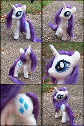 Size: 1000x1503 | Tagged: safe, artist:snowfox102, rarity, pony, unicorn, g4, horn, irl, multiple views, needle felted, outdoors, photo, plushie, solo