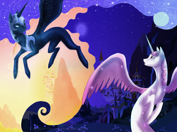 Size: 1024x762 | Tagged: safe, artist:amirah-the-cat, nightmare moon, princess celestia, g4, canterlot, contrast