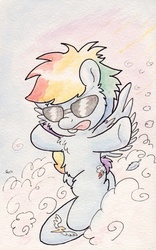 Size: 737x1179 | Tagged: safe, artist:slightlyshade, rainbow dash, pony, g4, cloud, cloudy, female, solo, sunglasses, surfing, tongue out, traditional art